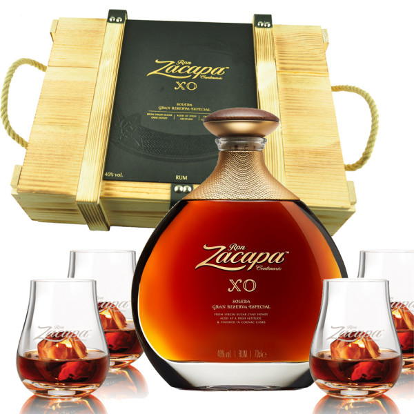 Ron Zacapa Centenario XO Rum 0,7 lt inkl. 4 Tumbler in der Holzkiste